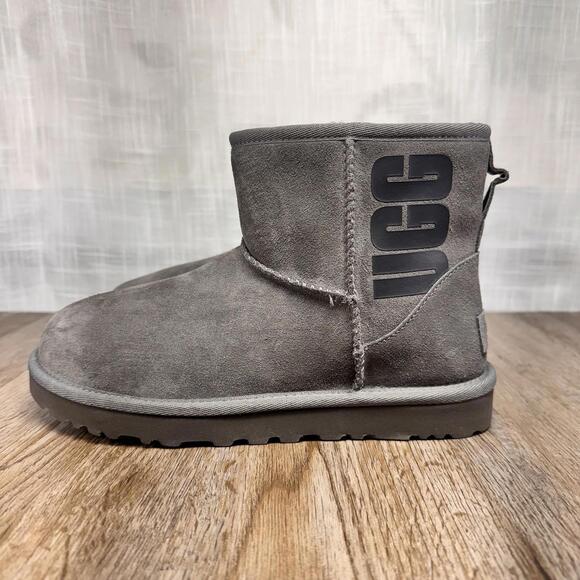 UGG Shoes - UGG Classic Mini Boots Womens 6 Gray Suede Rubber Logo Cozy‎ Winter NWB Cabin
